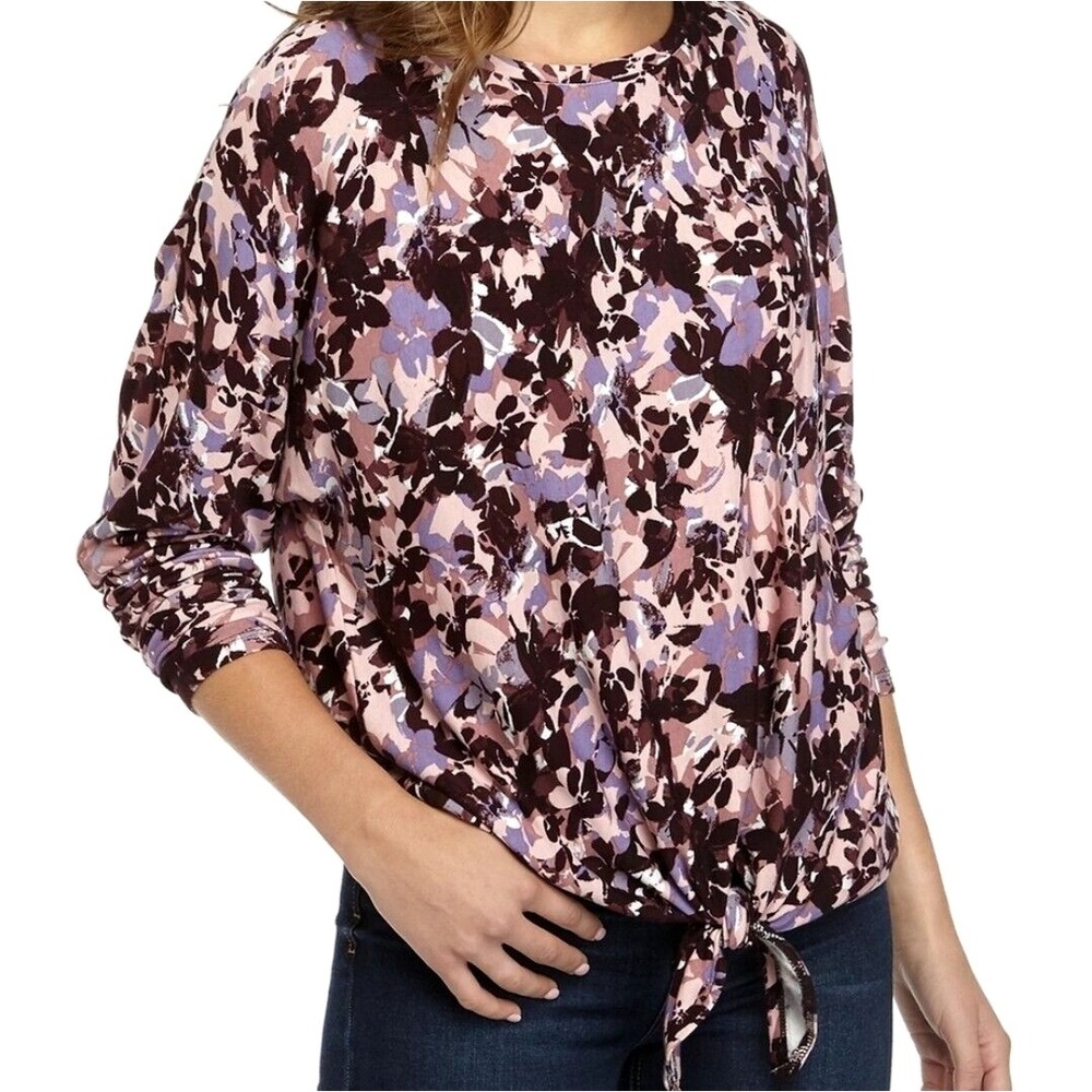 CUPIO BLUSH Size 3X Pink Viscose Floral Tie Front Long Sleeve Casual Tunic Shirt